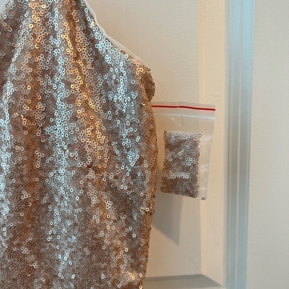 Dessy Collection Spaghetti Strap Flared Skirt Sequin Midi Dress Rose Gold NWOT - Picture 4 of 16